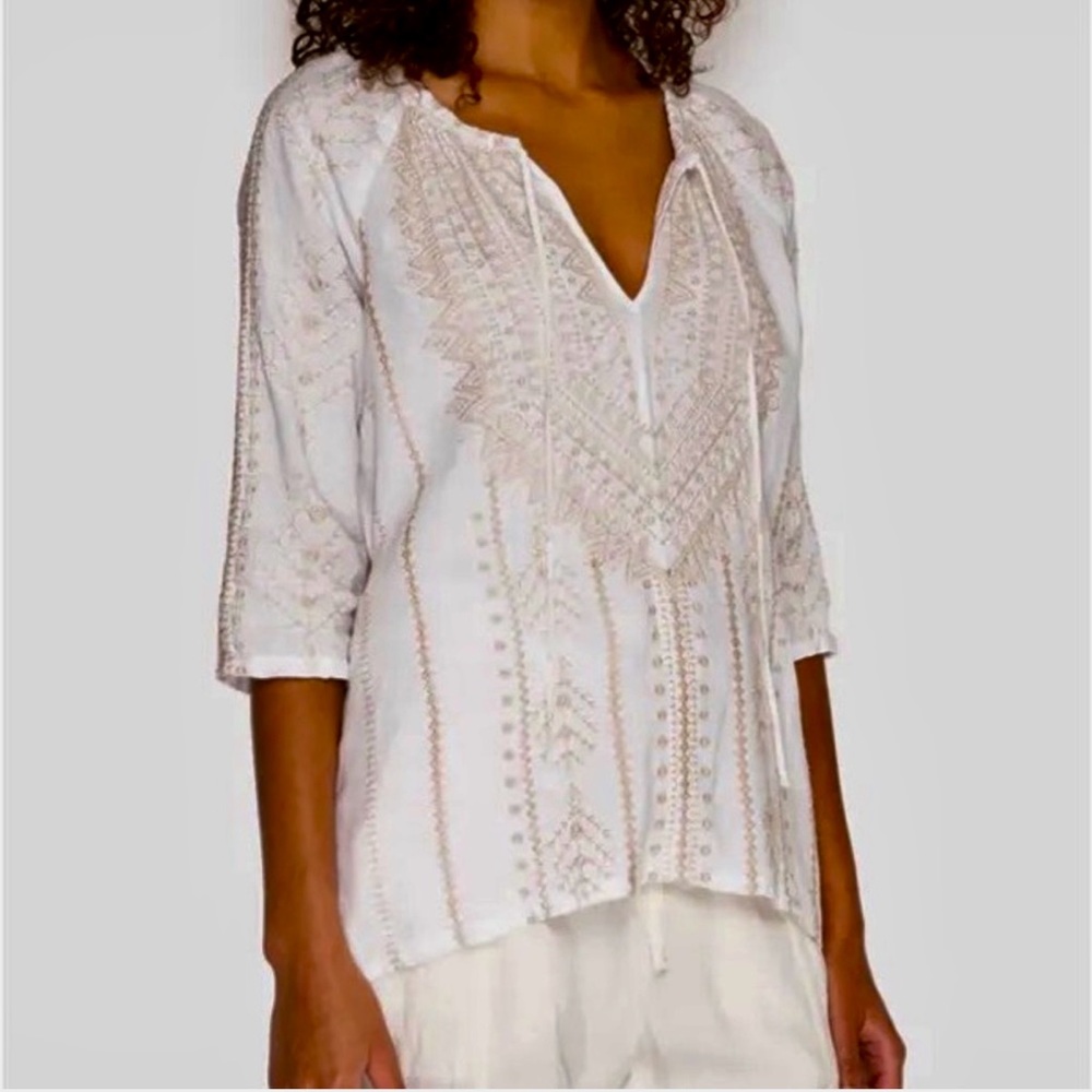 Johnny Was White Linen Embroidered Boho Tunic Top Split Neck XS